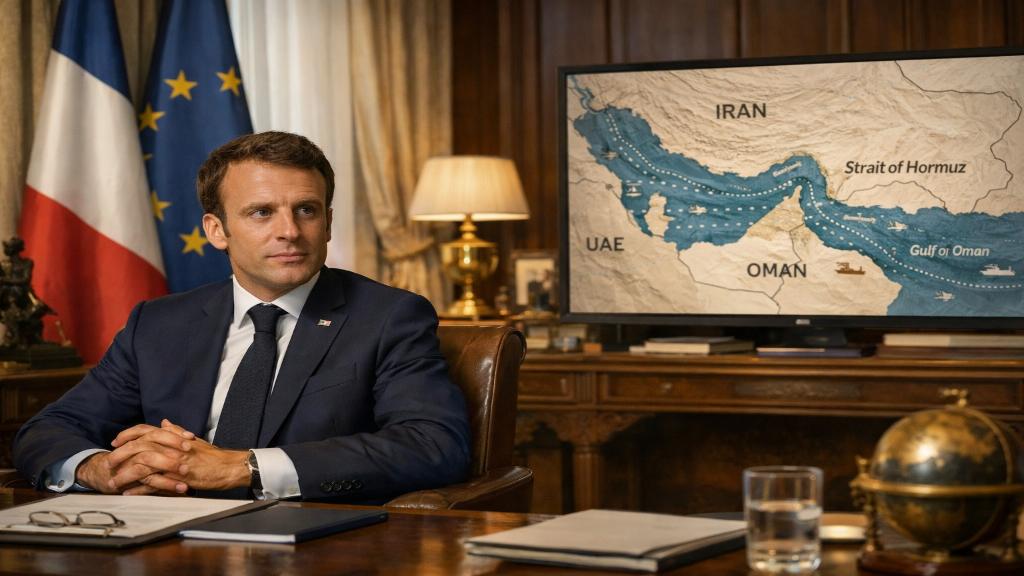 Scène éditoriale montrant Emmanuel Macron dans un cadre diplomatique lié à la sécurité maritime du détroit d'Ormuz et à une coalition européenne prudente