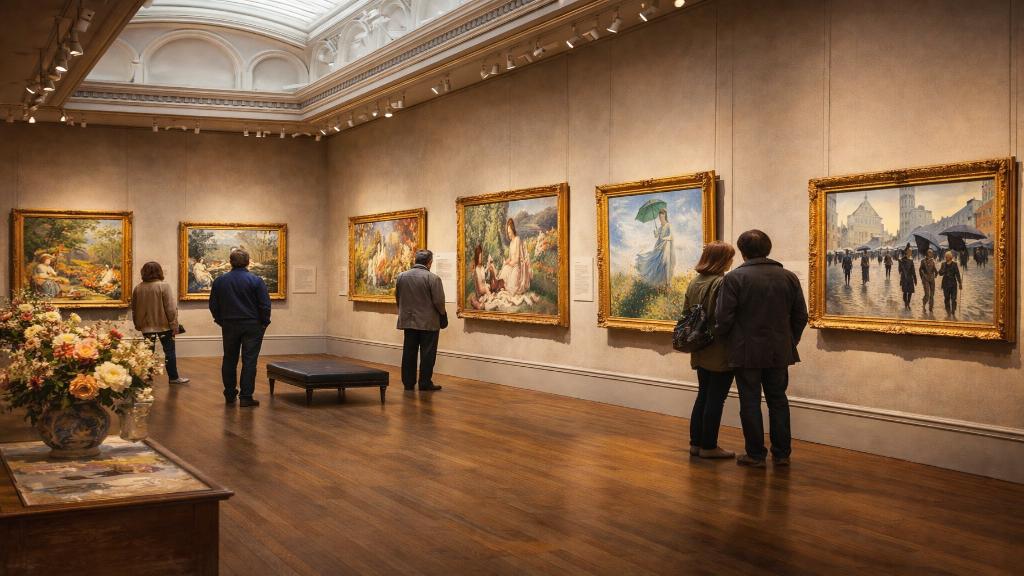 Scène de musée présentant des visiteurs observant des peintures impressionnistes inspirées de Renoir dans une grande galerie