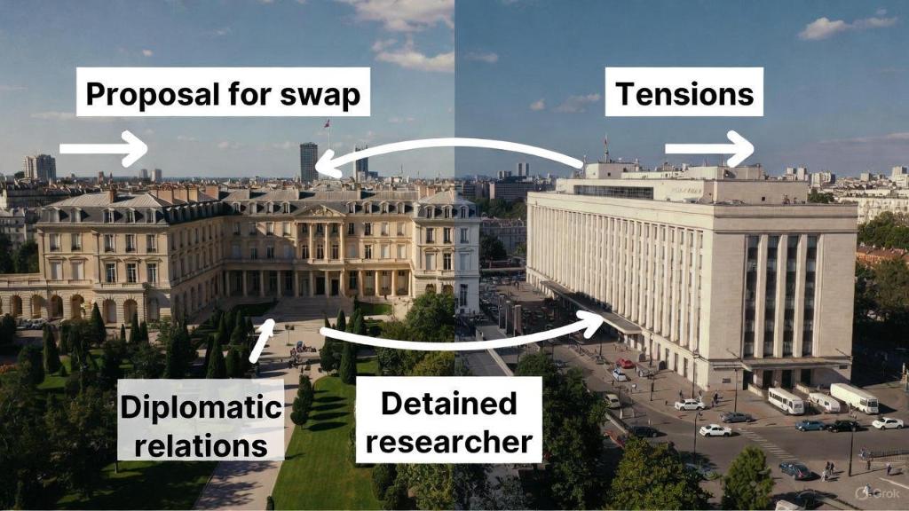 Illustration des bâtiments diplomatiques de Paris et Moscou reliés par des flèches symbolisant négociations et tensions