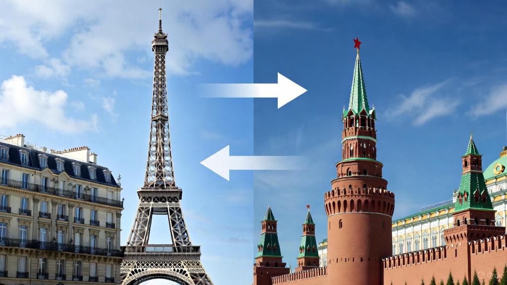 Illustration des bâtiments diplomatiques de Paris et Moscou symbolisant négociations et tensions