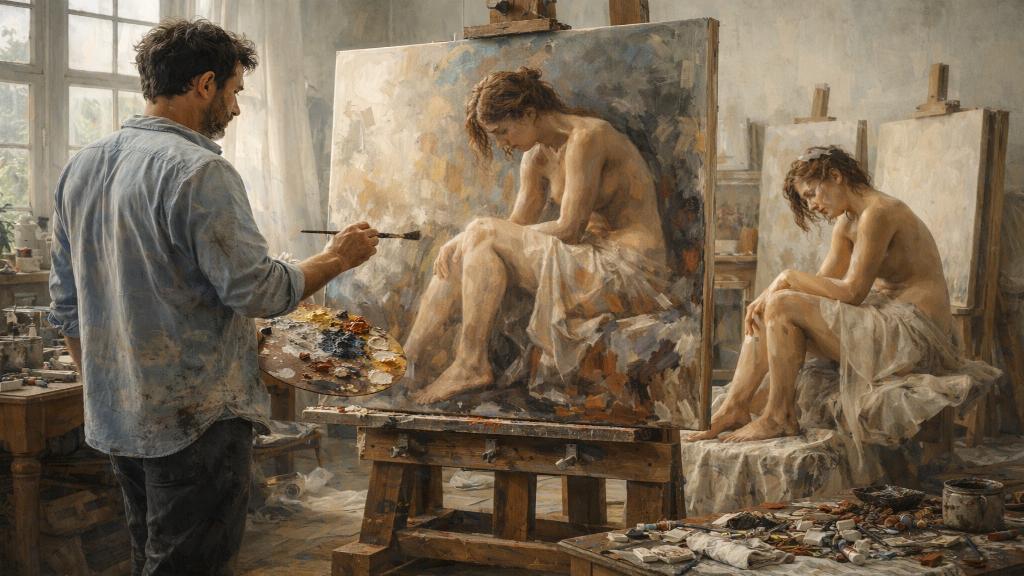 Peintre figuratif travaillant dans un atelier lumineux avec grande toile, modèle vivant, palette riche et composition classique