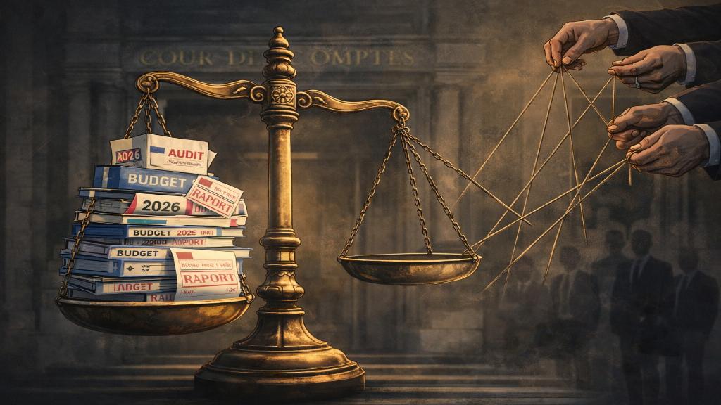 Illustration symbolique d’une balance de la justice déséquilibrée par des mains politiques tenant des documents budgétaires, devant le bâtiment de la Cour des comptes