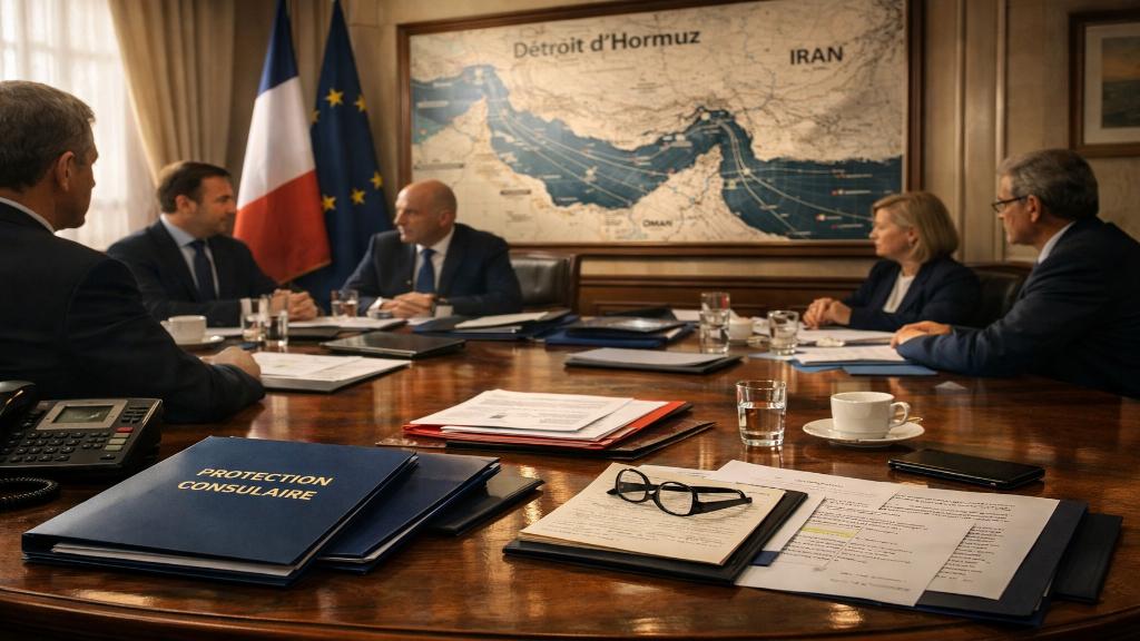 Responsables français en réunion confidentielle autour du dossier iranien, de la protection consulaire et de la sécurité du détroit d'Hormuz dans une salle d'État aux tons apaisés.