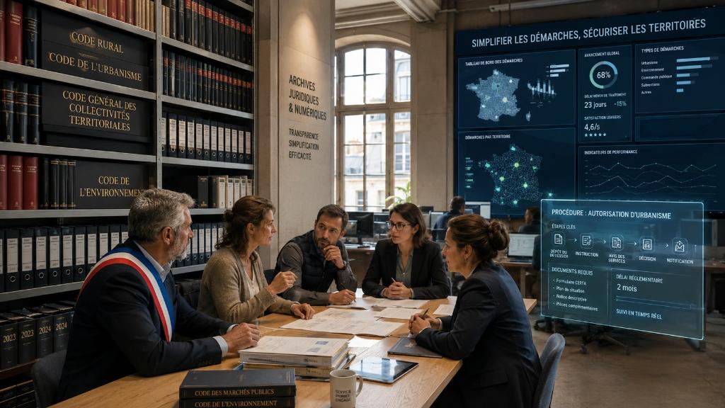 Salle d’archives juridiques avec élus locaux, entrepreneurs et tableaux numériques illustrant la complexité réglementaire française.