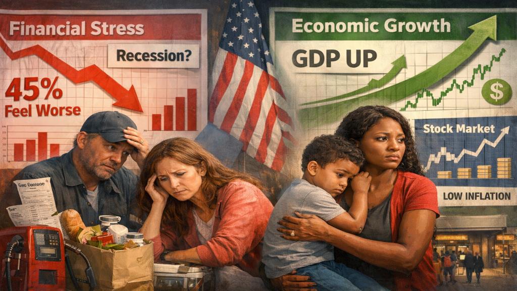 Une représentation visuelle du pessimisme financier des ménages américains en 2025 avec courbes et pourcentages
