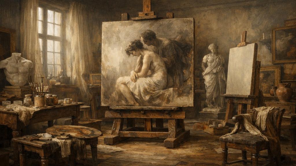 Atelier de peinture figurative classique avec lumière naturelle, chevalet et toile en cours