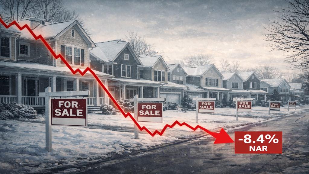 Image éditoriale paysage : maisons suburbaines US avec pancartes « For Sale », graphique rouge descendant en overlay, neige, ambiance hivernale froide et couleurs ternes symbolisant la chute des ventes immobilières.