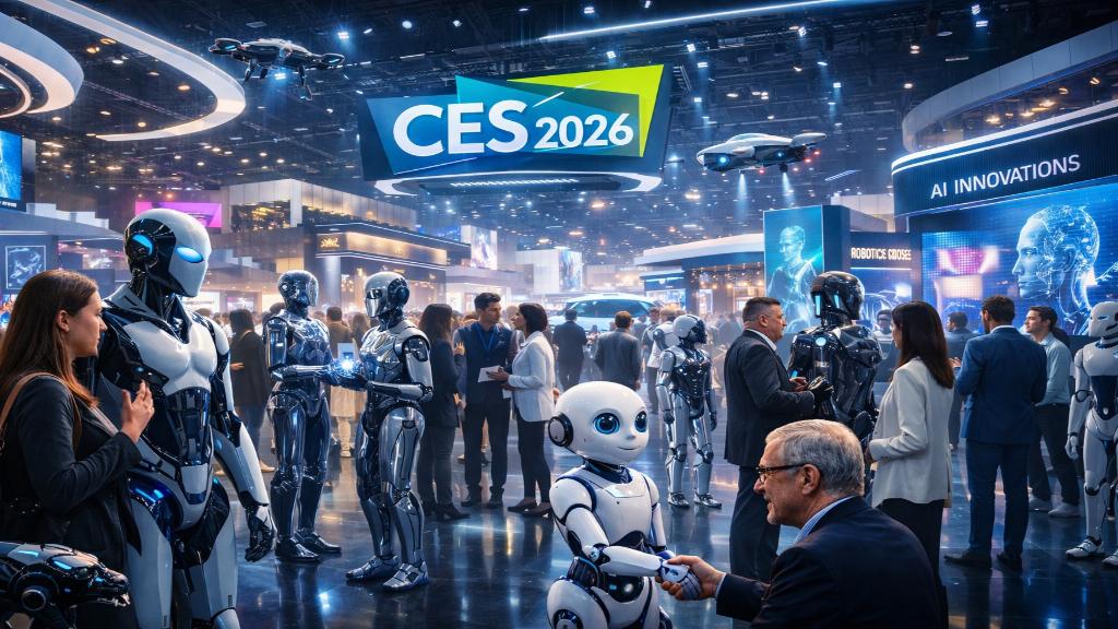 Vue artistique d'un robot humanoïde au CES 2026 interagissant avec des visiteurs, soulignant l'innovation technologique