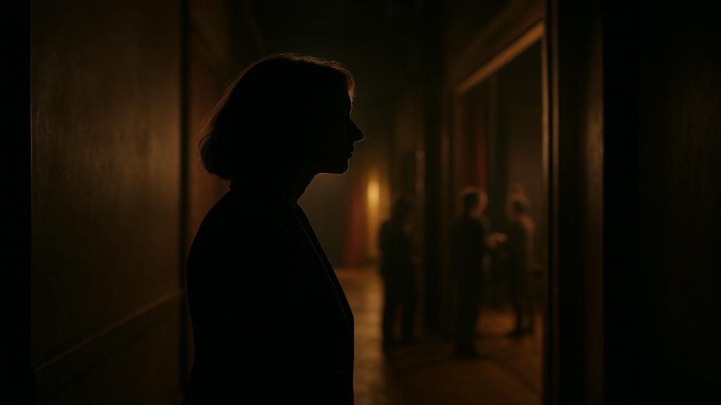Photo éditoriale paysage montrant une silhouette féminine en coulisses, gestes et visages flous exprimant confidence et tension, Neznia/généré par IA.