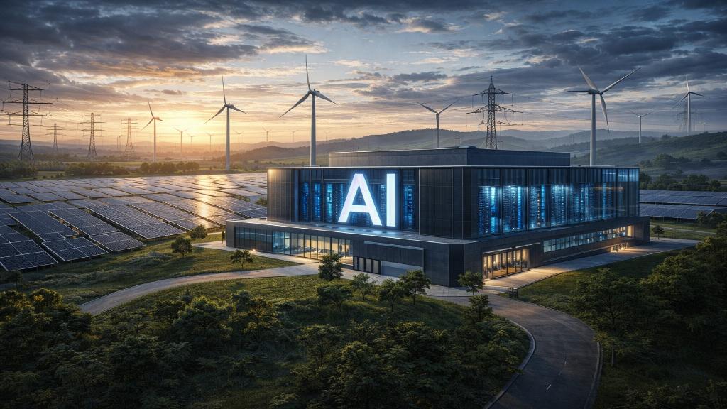 Image éditoriale représentant un data center IA avec des thèmes énergétiques, en paysage.
