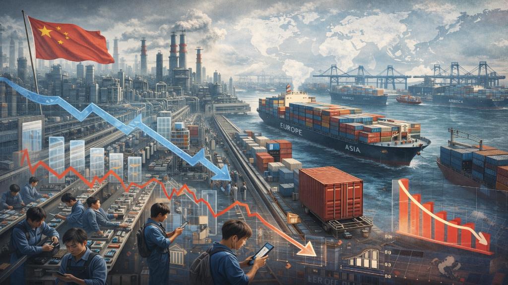 Vue panoramique d'usines chinoises massives avec conteneurs exportés vers le monde, illustrant surcapacité économique.