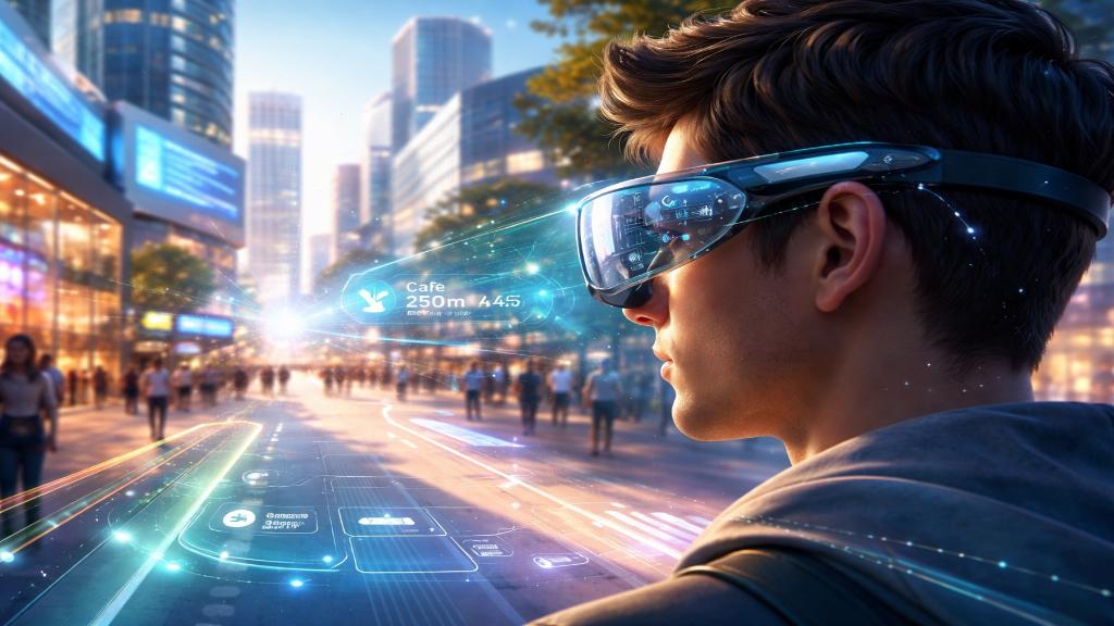 Image éditoriale des lunettes intelligentes avec interface IA dans un contexte urbain