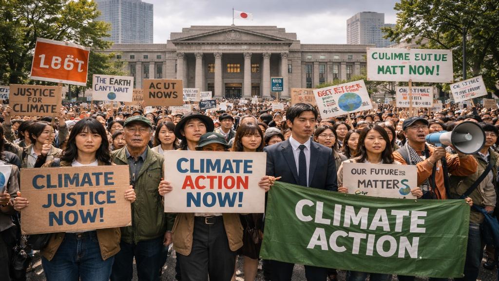 Rassemblement de citoyens et d activistes pour le climat devant un tribunal japonais, banderoles demandant des comptes au gouvernement sur l inaction climatique