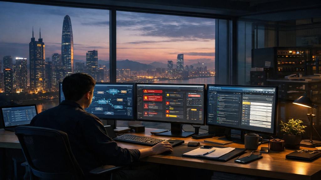 Bureau technologique à Shenzhen où un analyste supervise un agent IA sur plusieurs écrans.