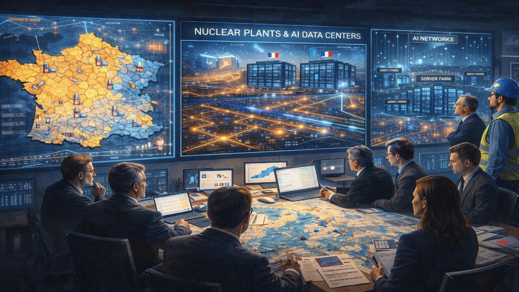 Illustration montrant une réunion stratégique française autour de l energie nucleaire et de l intelligence artificielle