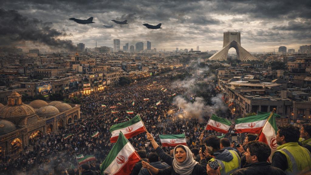 Image éditoriale d'une carte de l'Iran avec manifestants et ombres militaires symbolisant tensions géopolitiques