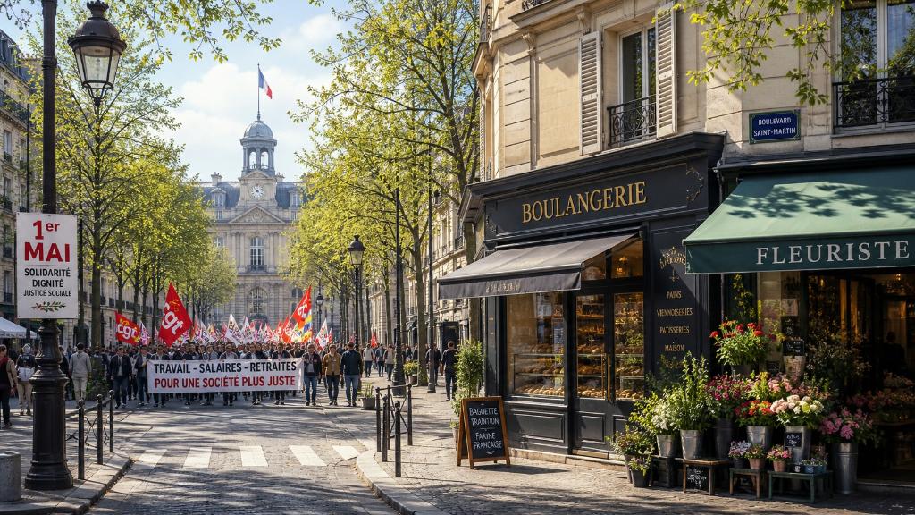 Illustration éditoriale apaisante d'un boulevard français le 1er mai avec cortège syndical, commerces artisanaux et bâtiments institutionnels