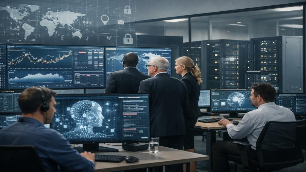 Illustration d une intelligence artificielle avancée surveillée par des régulateurs dans un environnement financier et cyber sécurisé
