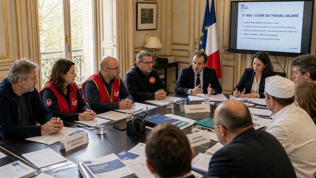 Table de négociation sur le 1er mai avec représentants syndicaux, artisans et dossiers gouvernementaux