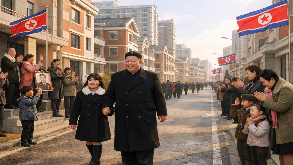 Kim Jong-un and daughter Kim Ju-ae walking through newly built modern housing in Pyongyang, families greeting, North Korean flags, propagandistic realist style, winter light, symbol of state care and sacrifice