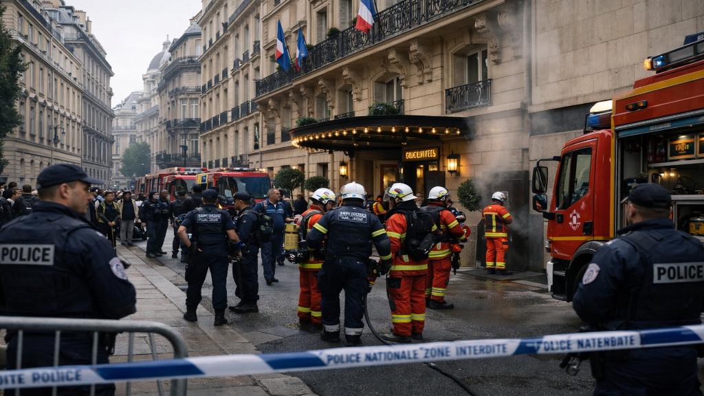 Pompiers et véhicules de secours devant un grand hôtel parisien proche d