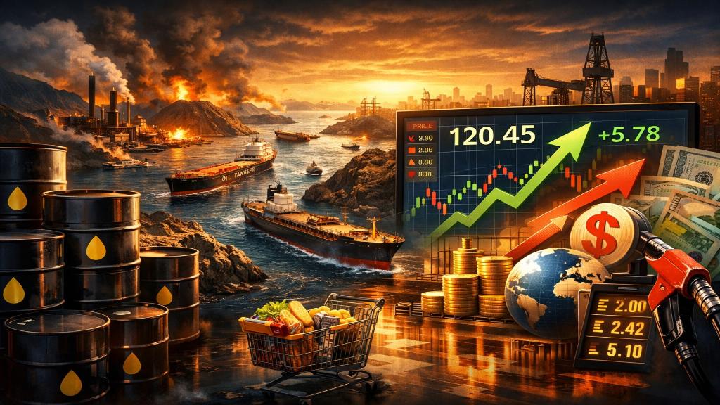 Illustration éditoriale représentant la flambée des prix du pétrole sur les marchés mondiaux et ses effets économiques