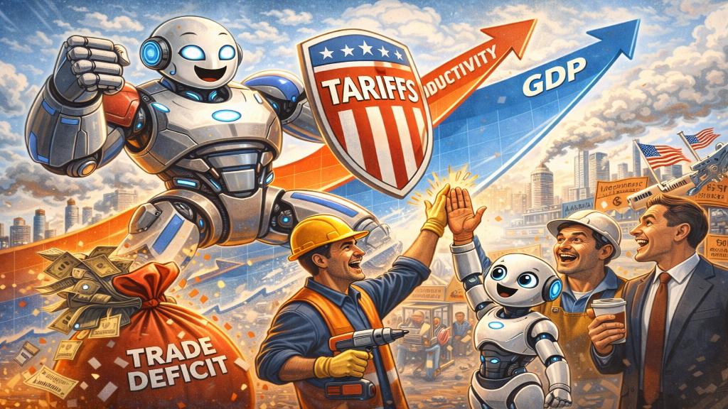 Graphique illustrant la hausse de la productivité US et la prévision du PIB, avec des courbes ascendantes et des icônes d'investissement technologique