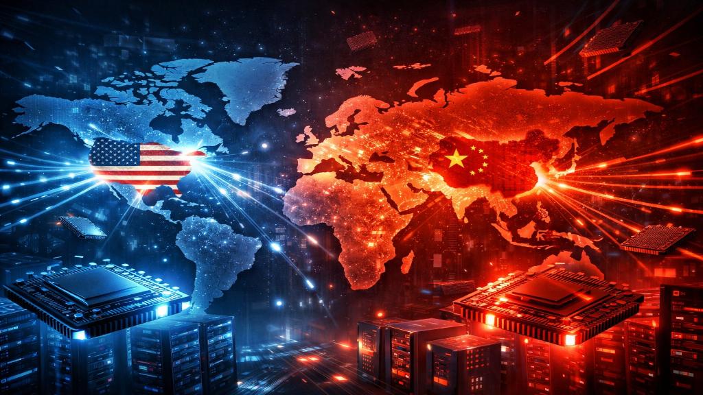Illustration éditoriale d'une compétition mondiale pour des puces électroniques avancées, avec des éléments symbolisant la Chine et les États-Unis