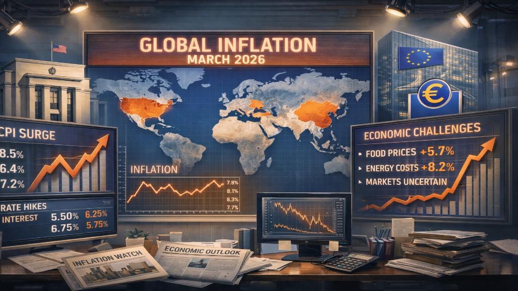 Illustration de l'inflation mondiale avec banques centrales et graphiques économiques