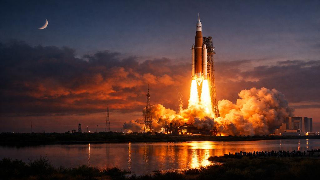 Fusée SLS au décollage dans la lumière du soir, illustrant le retour humain vers la Lune dans un contexte stratégique et technologique