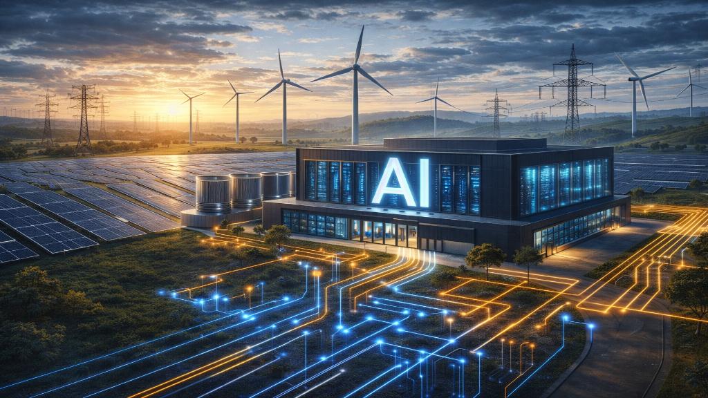 Illustration d'un data center IA connecté à un réseau électrique optimisé, avec des éléments de production d'énergie renouvelable en arrière-plan.