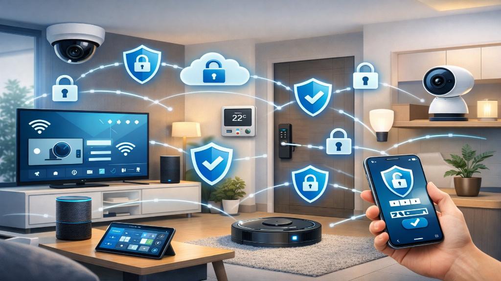 Illustration conceptuelle d’un réseau domestique IoT sécurisé par des pratiques de cybersécurité