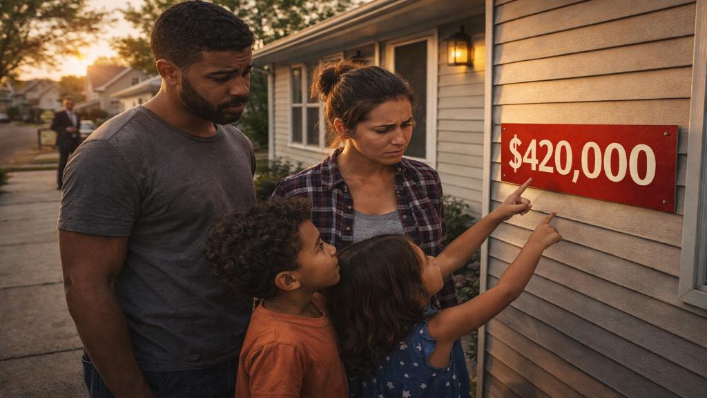 Familles américaines devant une maison à vendre, illustrant les défis d’accessibilité au logement aux États-Unis en 2026