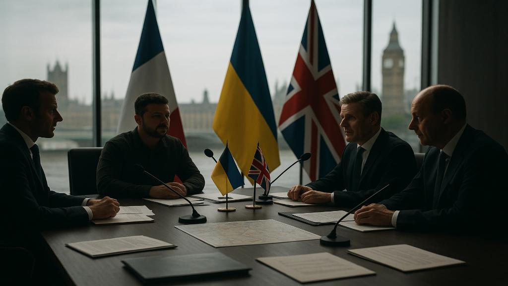 Vue symbolique : portraits officiels de Macron, Zelensky, Starmer et Merz stylisés sur fond de drapeaux, table de réunion et micros