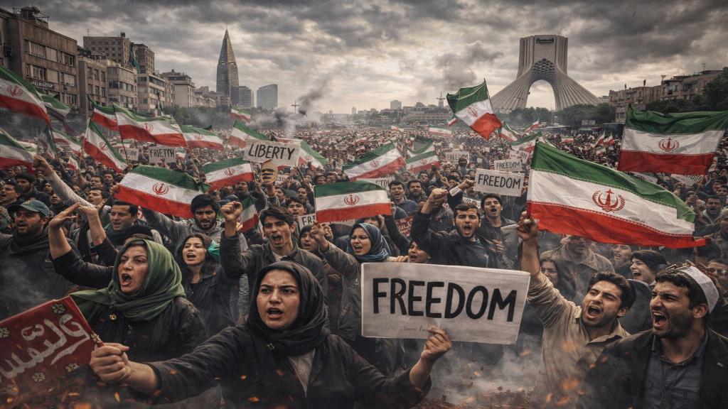 Vue panoramique de manifestations en Iran avec foule et drapeaux, évoquant des tensions sociales globales