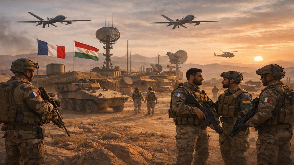 Base militaire au Kurdistan irakien avec soldats en patrouille dans un environnement désertique, scène illustrant les opérations internationales dans la région
