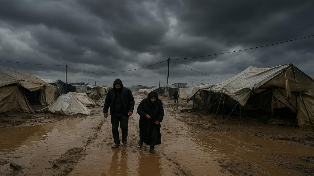 Vue générale de tentes inondées et de personnes marchant dans la boue après les pluies de la tempête Byron à Gaza
