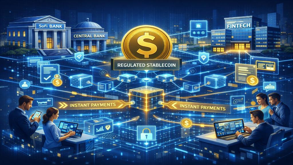 Représentation d’un réseau de paiements interconnectés via une stablecoin régulée émise par une banque sur public blockchain