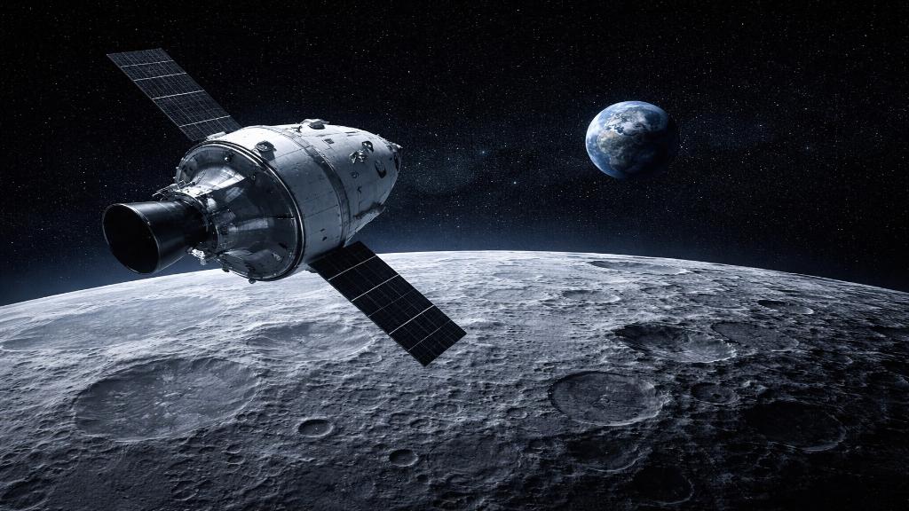 Le vaisseau Orion file au-dessus de la face cachée de la Lune, avec la Terre lointaine visible dans le noir spatial et une impression de voyage technique plutôt que spectaculaire