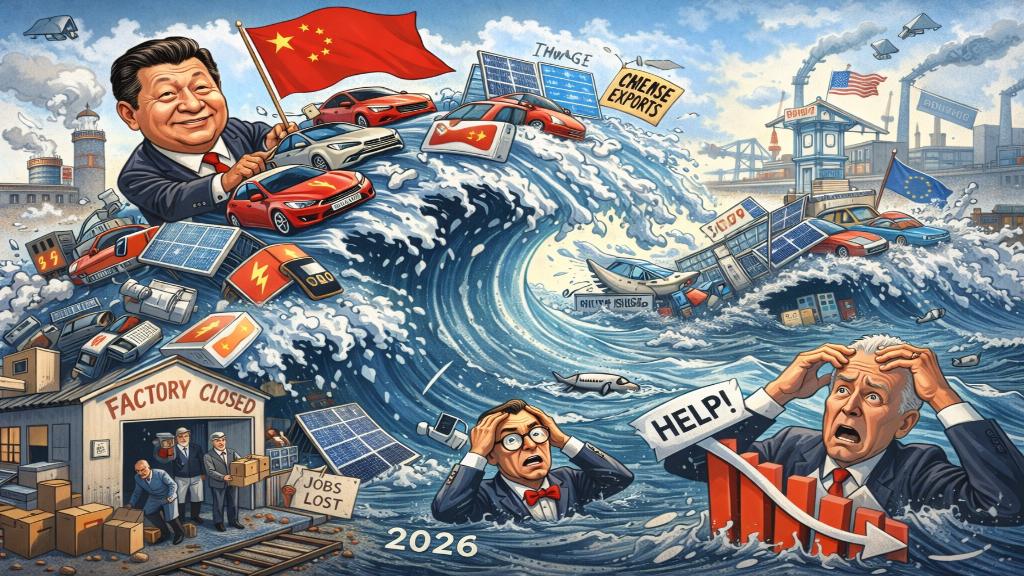 Illustration d'usines chinoises exportant vers le monde, symbolisant surcapacité et impacts globaux
