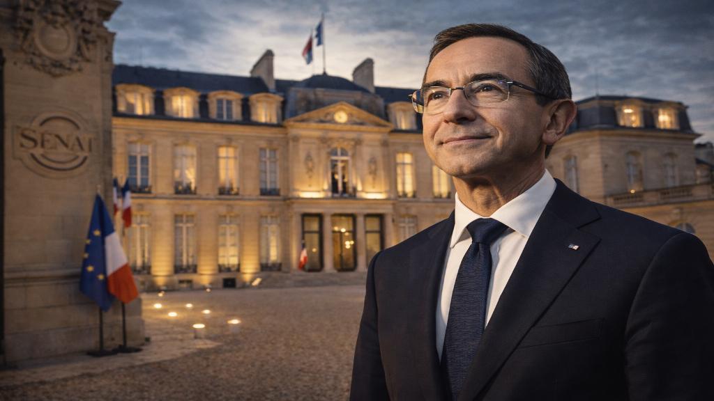 Image éditoriale montrant Bruno Retailleau en posture présidentielle, avec fond de drapeaux français et européens.