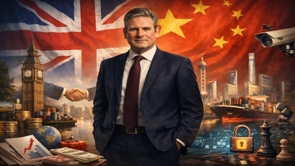 Illustration éditoriale de Keir Starmer dans un contexte de relations diplomatiques UK-Chine.