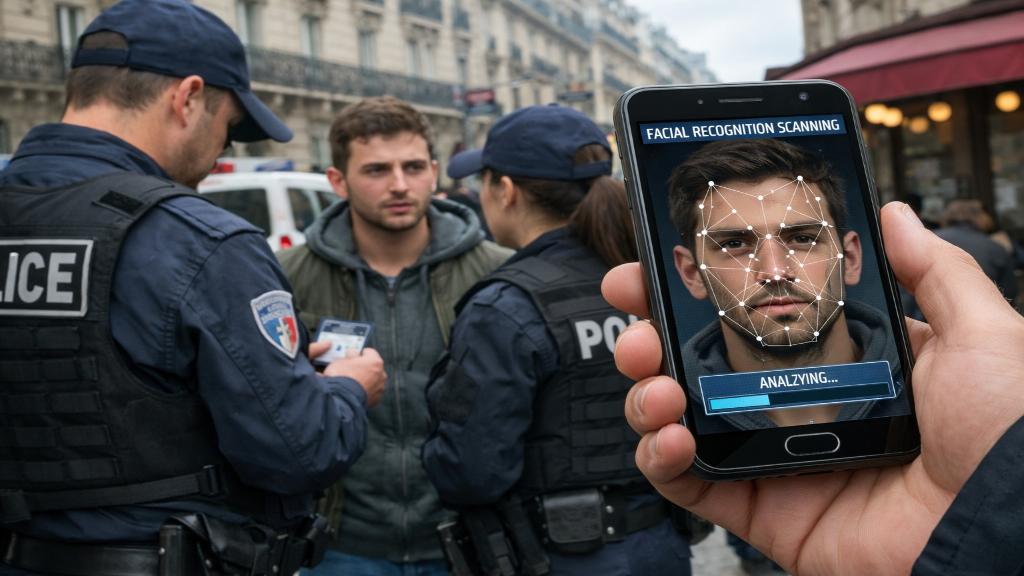Illustration de policiers utilisant un smartphone pour reconnaissance faciale dans une rue francaise