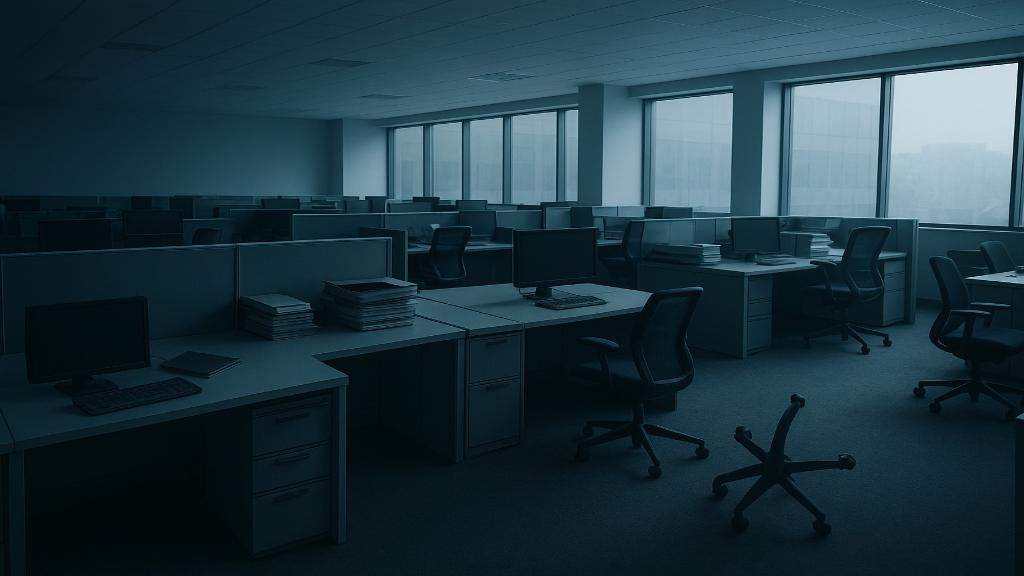 Illustration d’une salle de bureaux désertée après une vague de licenciements, montrant l’impact social et humain des restructurations.