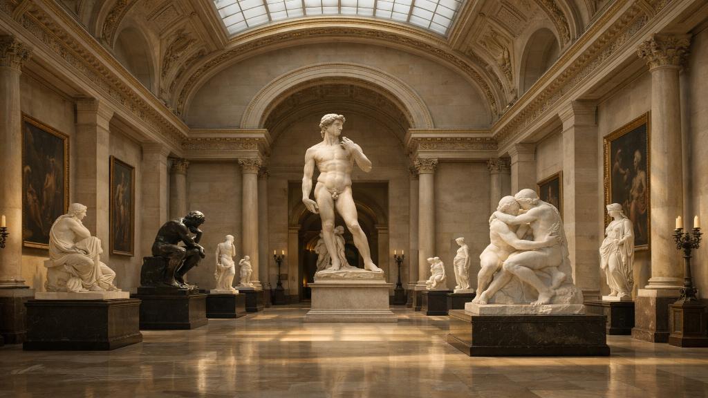 Galerie du Louvre avec sculptures classiques et lumière douce