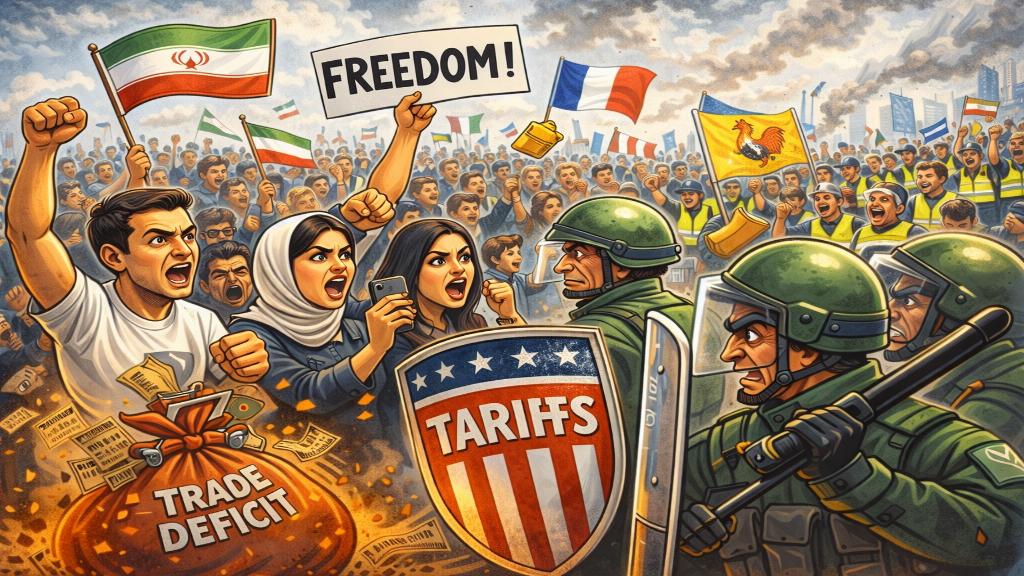 Illustration de manifestants en Iran face à des forces de sécurité, avec des drapeaux et des slogans pour la liberté