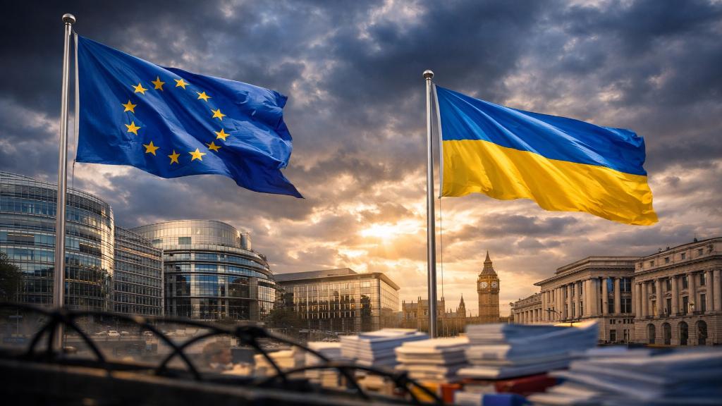 Drapeaux de lUnion européenne et de lUkraine symbolisant un débat politique europeen