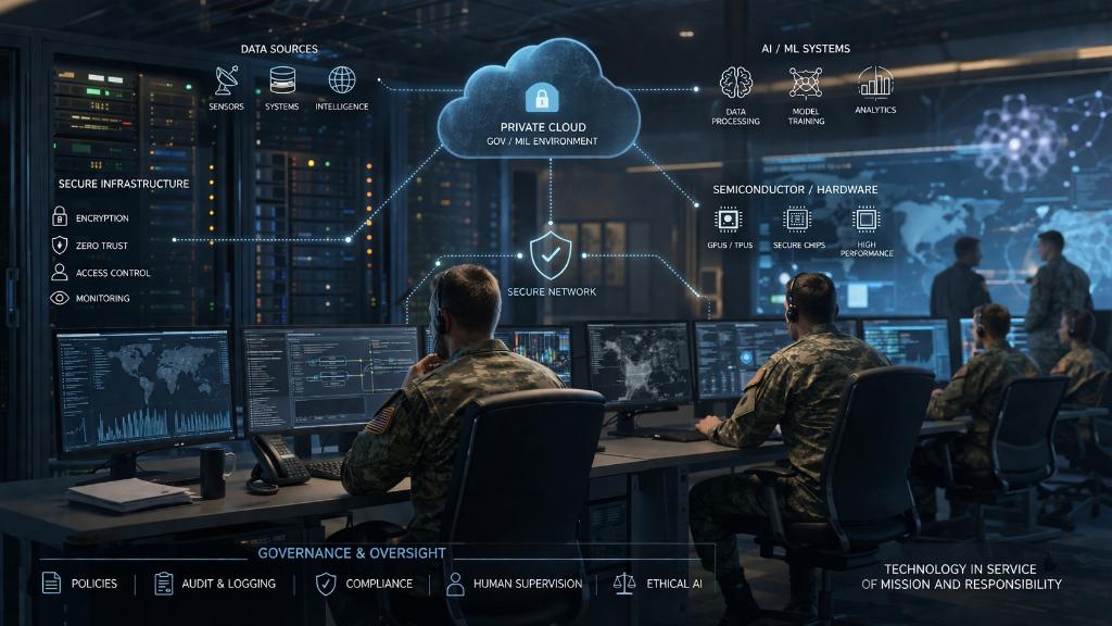 Illustration éditoriale d’un réseau militaire sécurisé reliant intelligence artificielle, cloud privé, semi-conducteurs et supervision humaine dans une atmosphère calme