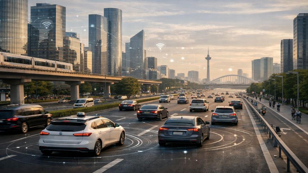 Mobilité urbaine connectée avec véhicules autonomes dans une grande ville moderne