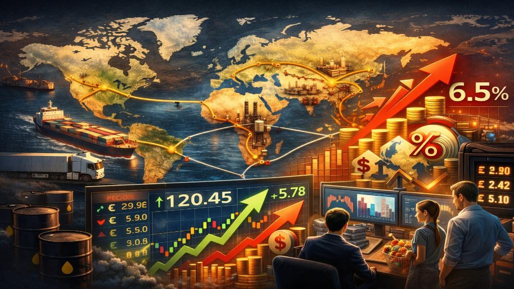 Illustration éditoriale représentant des marchés financiers et le prix du pétrole en hausse sur fond de tensions géopolitiques et d infrastructures énergétiques mondiales